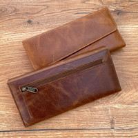 Dompet panjang mewah wanita, dompet kulit asli kualitas tinggi, dompet penyimpan kartu multifungsi kulit asli Full Grain