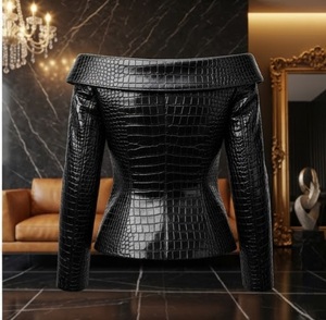 Chaqueta de Motociclista de Piel Sintética con Estampado de Cocodrilo Negro para Mujer, Cierre de Cremallera, Manga Larga, Largo Regular, Otoño - Product Image 4