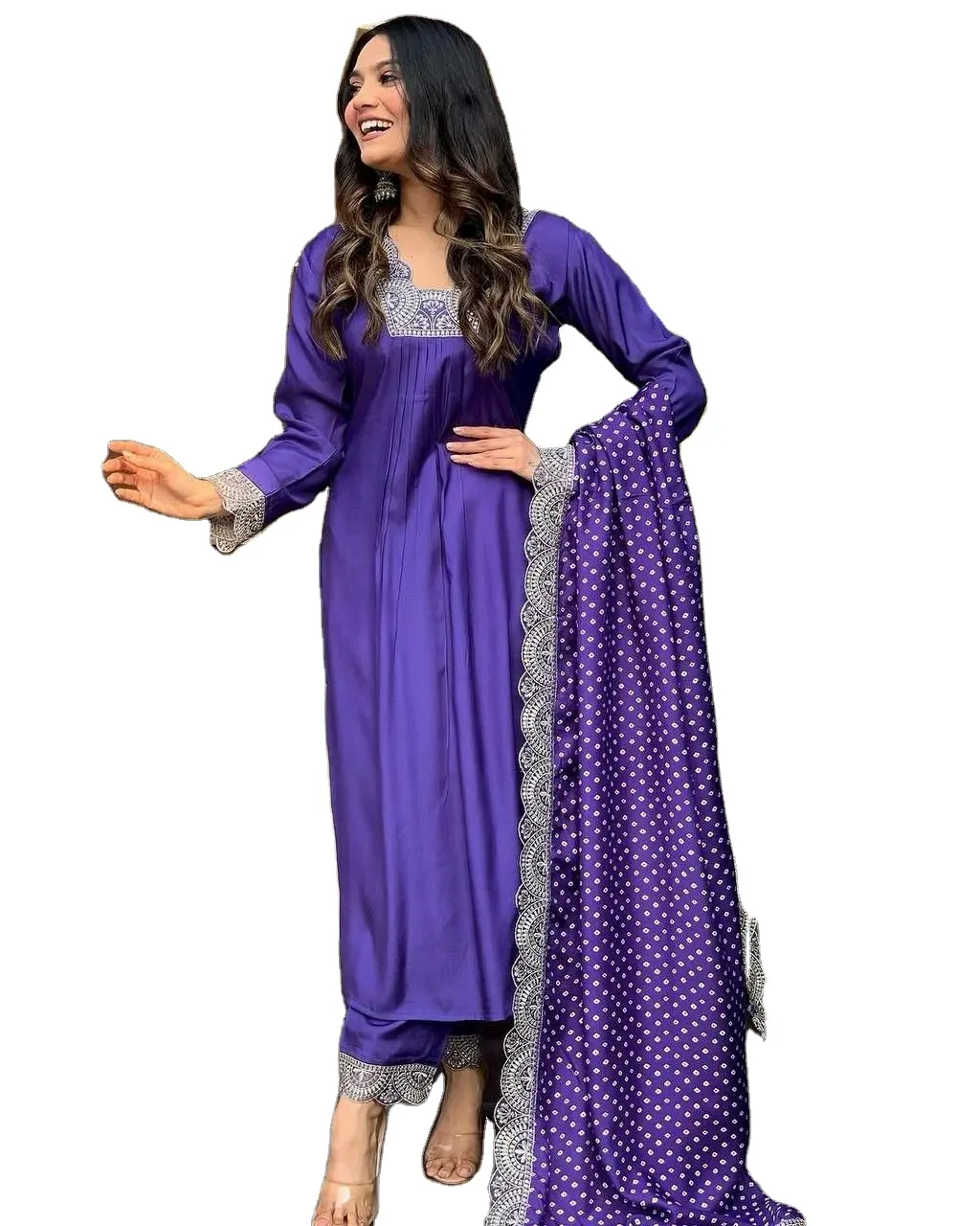 Elegante nuevo conjunto paquistaní listo Shalwar Kameez en color púrpura con cuello en V Pantalones estampados a juego