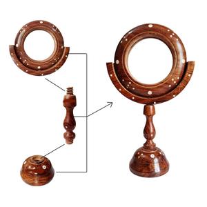 Vintage Hand Carved Wooden Round Tabletop <b>Makeup</b> <b>Mirror</b> with Stand Brown Portable Vanity <b>Mirror</b> for Home Bedroom Dressing Table - Product Image 4