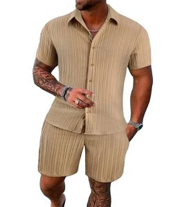 Top deportivo de tendencia de moda de verano para hombre y pantalones cortos de playa traje de Color sólido a rayas Fitness Casual de talla grande de manga corta - Product Image 6