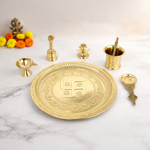 Plateau de prière en laiton avec accessoires, gravé, traditionnel, pour la maison et le mandir - Product Image 1