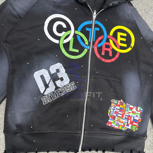 เสื้อฮู้ดซิปแบบครอปพิเศษสำหรับผู้หญิง ทรงโอเวอร์ไซส์ สไตล์สตรีทแวร์ ประดับด้วยคริสตัล ปักลายกราฟิกด้วยผ้าเชนิลล์  แจ็คเก็ตผ้าฝ้าย - Product Image 5