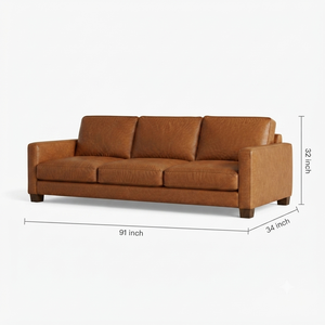 โซฟาหนังแท้สามที่นั่ง สไตล์โมเดิร์นกลางศตวรรษ พนักพิงแบบ Tufted แขนตรง ขาไม้ โซฟาหนังสำหรับห้องนั่งเล่น - Product Image 2