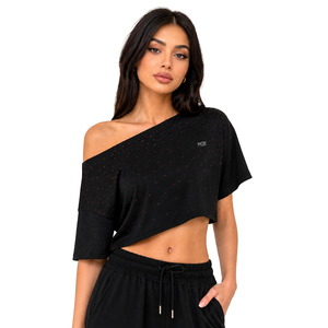 Fashion 2026 <b>Rhinestone</b> Crop Cut Tee Custom Branding women's shirt Off-the-Shoulder Regular Fit T-Shirt Elegant Summer Sparkled - Product Image 1