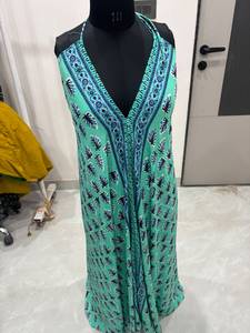 Premium Quality <b>Backless</b> <b>Halter</b> Neck Green Leaf Print Western <b>Dress</b> Sleeveless Plunge V Neck Ankle Length Bohemian Summer Wear - Product Image 1