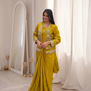 Party Wear Mustard Embroidery Work Ready To Wear Saree With Embroidery Work Fully Stitched Jacket And <b>Blouse</b> - Product Image 1