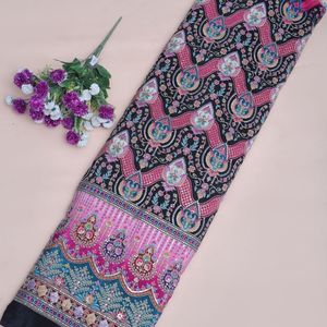 Tela Crepé Ligera con Patrón Floral Negro Medianoche, 54 Pulgadas, Bordado Elaborado, Material de Borde Daman para Kurtis y Túnicas - Product Image 1