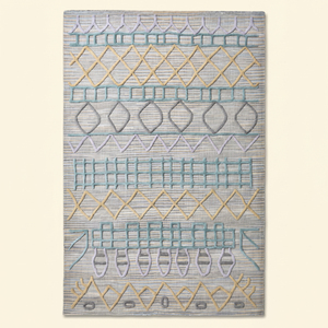 Tapis en laine tufté à la main multicolore Pastel Glyph, motif géométrique tribal moderne, antidérapant, écologique, pour salon - Product Image 1