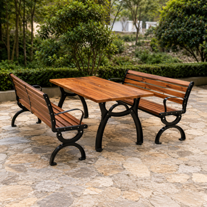 Three Piece Outdoor <b>Garden</b> Furniture Set with Wooden <b>Table</b> <b>and</b> Two <b>Benches</b> Black Metal Frame for Patio Lawn Park <b>and</b> Seating - Product Image 1