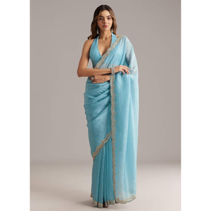 Sari traditionnel élégant en coton bleu pastel pour filles, collection pour les fêtes, les mariages et les occasions spéciales - Product Image 3