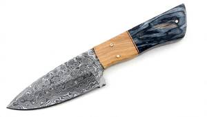 Outil utilitaire d'extérieur artisanal en acier Damas, manche bicolore en bois et résine, pièce de présentation - Product Image 4