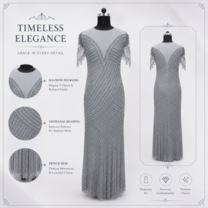 Luxury Women Modern Silver Beaded Mermaid Silhouette Evening Gown | Elegant Illusion Neck Fringe Maxi Dress Premium Designer - Product Image 5