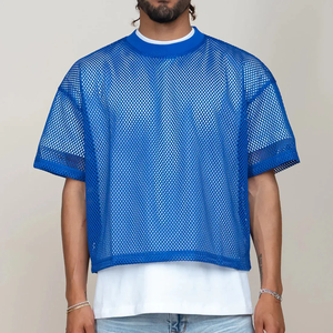 Camiseta de Manga Corta con Cuello Redondo para Hombre, Azul, de Malla, Corte Holgado, Informal, Tejida, Transpirable, de Color Sólido, Largo Regular, Spandex/Algodón - Product Image 6