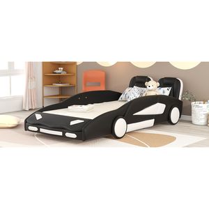 Letto a piattaforma nero a forma di auto da corsa con ruote, per bambini - Product Image 5