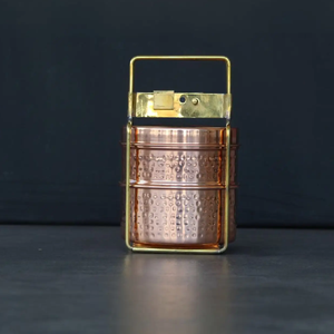 Arch embossed brass tiffin <b>box</b>, 2 tier gold lunch <b>box</b> with spoon, traditional patterned food carrier, at wholesale prices. - Product Image 3