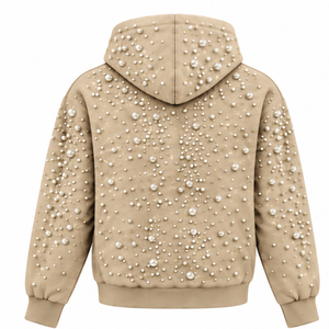 Sweat-shirt à capuche unisexe beige perlé, coupe oversize, style streetwear décontracté, avec cordon de serrage et poche kangourou, tendance - Product Image 2