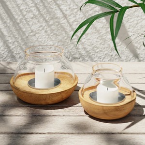 Wood Hurricane Candle Holders Set of 2 Natural Finish Home Decoration <b>Heat</b> Resistant Glass Lanterns - Product Image 5