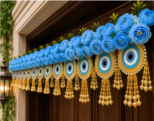 Voilage de porte traditionnel en tissu avec fleurs bleues et pompons pour la décoration d'entrée, décoration intérieure toutes saisons - Product Image 3
