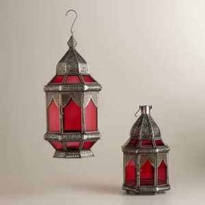 Hand Crafted Metal <b>Lantern</b> Set Hexagonal Shape Orange Glass Panel Ornate Perforated Frame Hanging Loop <b>Candle</b> Warm Glow Ambient - Product Image 5