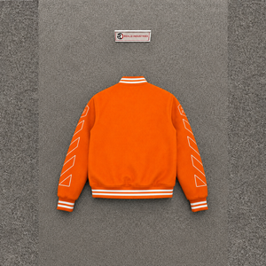 PREMIUM ORANGE VARSITY <b>JACKET</b> FOR <b>MEN</b> With <b>White</b> Geometric Pattern On Sleeves Turn-down Collar Casual Style STYLISH DAILY WEAR - Product Image 6