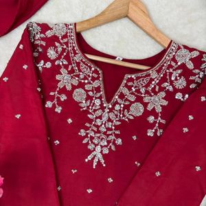 Premium French Crepe Kurti Set with Embroidery Beads <b>Sequins</b> Work Stylish <b>Pant</b> and Dupatta for Women Festive Wear - Product Image 3