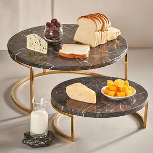 Round Two-Tier Marble Coffee Table with <b>Gold</b> Metal Frame Modern Black Stone <b>Top</b> Living Room Furniture - Product Image 2