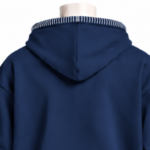 <b>Navy</b> Blue Stitched Border Distressed Hoodie Oversized Pullover Sweatshirt Contrast Stitch Kangaroo Pocket Casual Streetwear <b>Top</b> - Product Image 4