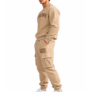 Ensemble de survêtement deux pièces pour homme, manches longues, pantalon cargo, tenue décontractée, coupe décontractée, tissu texturé, survêtement sur mesure - Product Image 4