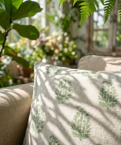 Ethnic Indian Heritage Style Botanical Motif 100% Cotton <b>Pillow</b> <b>Case</b> with Repeating Green Artwork Hotel Use 18x18 - Product Image 3