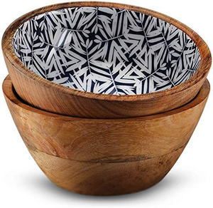 Nouveauté : Bol en bois émaillé imprimé, pour salade et riz, avec motif feuille blanche à l'intérieur, empilable, design moderne - Product Image 1