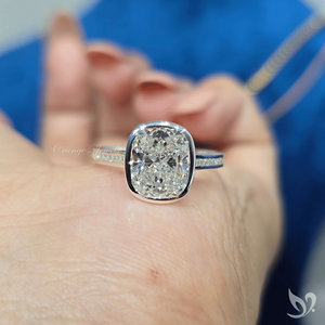 3ct elongated <b>cushion</b> cut lab grown diamond bezel ring with channel band in 10k white gold <b>statement</b> engagement ring - Product Image 5