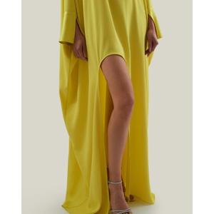 Handmade Yellow <b>Kaftan</b> Dress O-Neck Full Sleeve Straight Silhouette <b>Summer</b> Sheath Gown Solid Color Comfortable Women Dress - Product Image 6