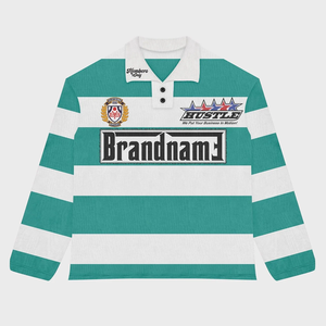 Camiseta de rugby para mujer, 260 GSM, mezcla premium de algodón y poliéster, color verde azulado con paneles blancos a rayas, bordado personalizado, camiseta de algodón para mujer - Product Image 1