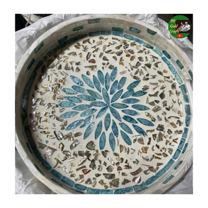 Plateau en rotin avec incrustation de nacre, fait main, pour la décoration intérieure, plateau de service pour mariage, événement, hôtel, table, vente en gros, export mondial - Product Image 2