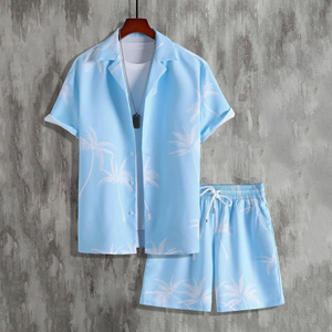 Conjunto de Camisa y Pantalones Cortos para Hombre, Diseño Hawaiano de Verano, Estampado Digital, 100% Fibra de Bambú Ecológica, Tejido de 370g, Logotipo Frontal, Estilo Casual con Palmeras - Product Image 5