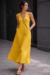 Women Linen Midi Dress Sleeveless V Neck A-Line Dress Button Detail Casual Summer Dress Loose Fit Pockets Dress - Product Image 5
