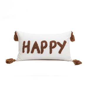 Happy Embroidered Rectangle <b>Pillow</b> Cover With Tassels Bohemian Style Home Decor 100% Cotton <b>Pillow</b> Cases - Product Image 1