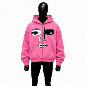 Sudadera con capucha rosa personalizada con diseño artístico, estilo urbano, holgada, gráfica, unisex, informal, con cremallera completa - Product Image 1