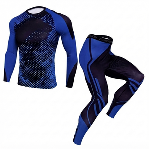 Conjunto de Compresión Azul Rey y Negro para Hombre, Camiseta de Manga Larga, 100% Poliéster, Secado Rápido, Ropa Deportiva para Gimnasio, Fitness y Entrenamiento - Product Image 1
