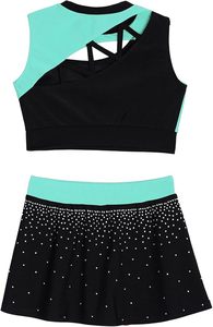 Conjunto de Dos Piezas para Animadoras, Color Verde Menta y Negro, Top Corto con Pedrería y Falda sin Mangas, Cintura Elástica, Ropa de Baile para Entrenamiento - Product Image 2
