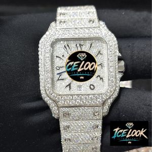 นาฬิกา ICE LOOK หรูหราทรงเหลี่ยมประดับเพชร ตัวเรือนสแตนเลส กระจกแซฟไฟร์ แสดงวันที่แบบอนาล็อก ขนาด 40 มม. คุณภาพสูง แฟชั่นสำหรับทุกเพศ - Product Image 1