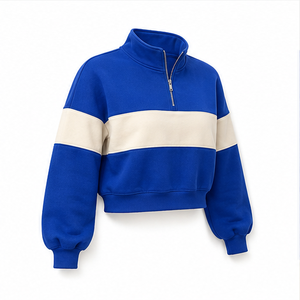 Sweat-shirt court pour femme personnalisable bleu bleuet, coupe ample, demi-zip, en coton bouclé WHZCROP-0013 - Product Image 4