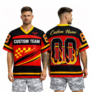 เสื้อกีฬาทีมแบบกำหนดเองสำหรับผู้ชาย ดีไซน์ลายเปลวไฟ คอวี ผ้าตาข่ายระบายอากาศ เสื้อยืดพิมพ์ชื่อและหมายเลขส่วนตัว เสื้อกีฬา - Product Image 1