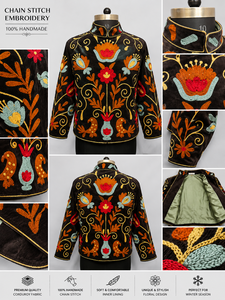 Suzani Style Hand Embroidery Velvet Jacket Women Boho Chic Winter Bomber Handmade Masterpiece Ethnic <b>Needlework</b> Coat Gift Set - Product Image 4
