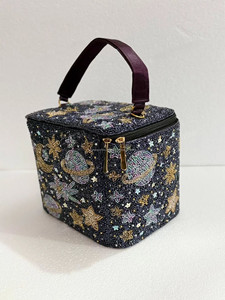 Beaded Cosmetic <b>Case</b> With Star Planet Pattern Zipper Closure Soft Handle Medium Size Bohemian Style <b>Makeup</b> Bag - Product Image 4