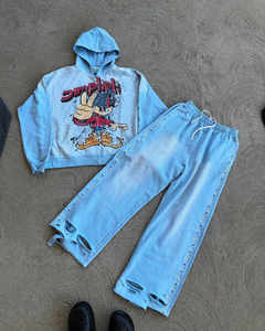 Pierre du Rhin personnalisée 400GSM 100% coton éponge française survêtement pierre lavée en détresse soleil délavé DTG impression strass survêtement - Product Image 1