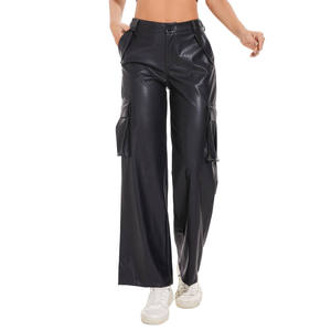 Pantalones Rectos de PU de Cintura Alta para Mujer, Corte Regular, Largos, con Bolsillos Utilitarios, Frente Plano, Cierre de Botones, Color Sólido, Estilo Urbano, Invierno - Product Image 6