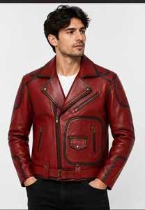 Veste en cuir véritable pour homme, rouge, style motard, fermeture éclair, col rabattu, coupe ajustée, automne - Product Image 1
