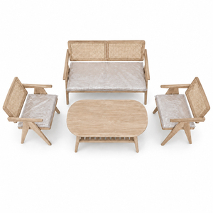 Juego de Muebles de Salón Modernos Escandinavos Malmo de Teca y Ratán con Acabado Blanqueado, Mesa de Centro Ovalada Premium con Estante y Sofá de Mimbre para Salón de Hotel - Product Image 3